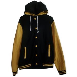 Womens 3XL (tag) Black/Yellow Contrast Varsity Button Up Jacket With Hood